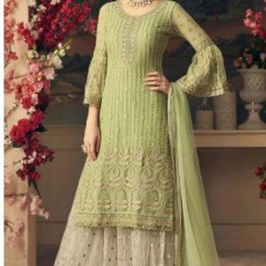 Beautiful Henna (Moss) Green and light beige Sharara Suit Set with Net dupatta.